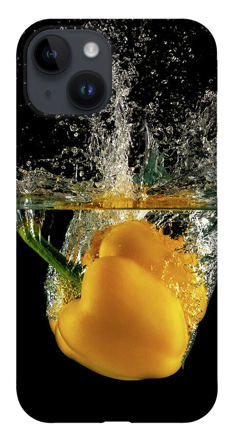 Pepper iPhone 14 Case featuring the photograph Yellow bell pepper dropped and slashing on water by Michalakis Ppalis