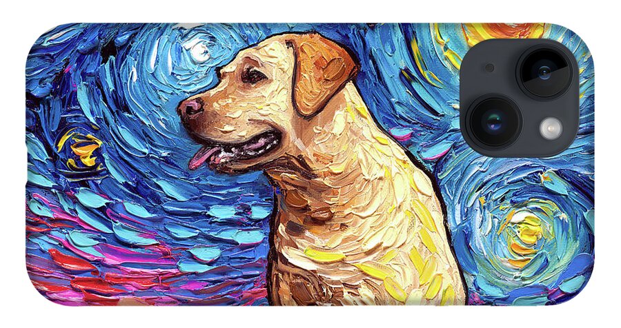 Labrador iPhone 14 Case featuring the painting Yellow Labrador Night by Aja Trier
