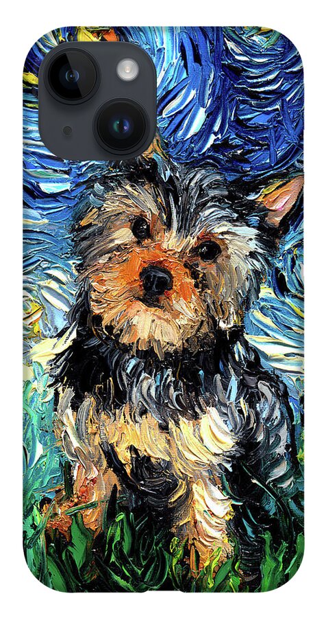 Yorkie iPhone 14 Case featuring the painting Yorkie Night by Aja Trier