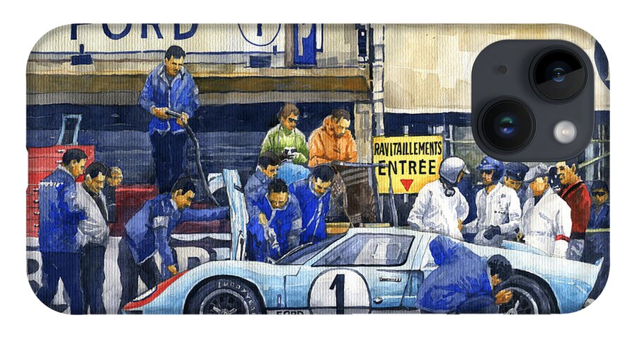 Shevchukart iPhone Case featuring the painting 1966 Le Mans 24 Pit Stop Ford GT40 MkII Ken Miles Denny Hulme by Yuriy Shevchuk