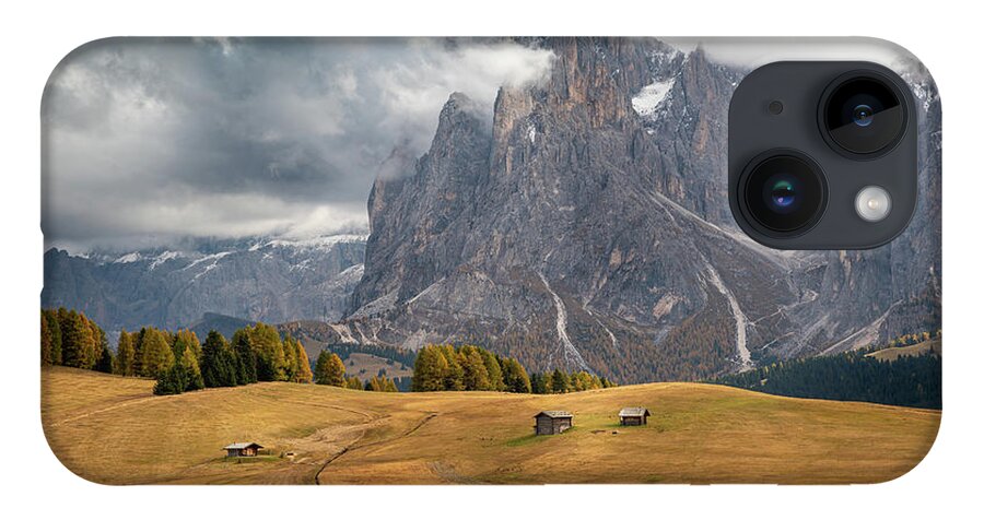 Alpe Di Siusi iPhone 14 Case featuring the photograph Landscape with beautiful autumn meadow field and the amazing Dolomite rocky peaks. Valley of Alpe di siusi Seiser Alm South Tyrol Italy. by Michalakis Ppalis