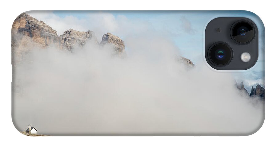 Tre Cime iPhone Case featuring the photograph Mountain landscape with fog in autumn. Tre Cime dolomiti Italy. by Michalakis Ppalis
