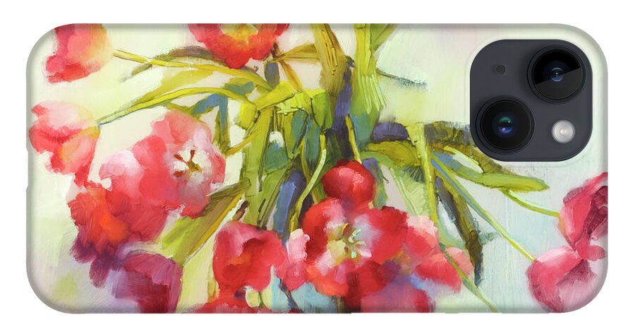 Floral Face Masks iPhone 14 Case featuring the painting Tulip Fling by Cathy Locke