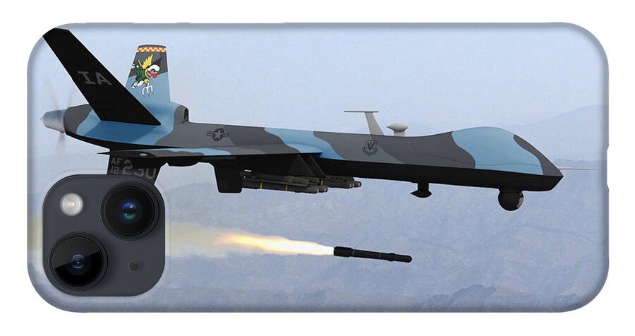 Reaper iPhone 14 Case featuring the digital art MQ-9 Reaper Firing Hellfire Missile by Custom Aviation Art