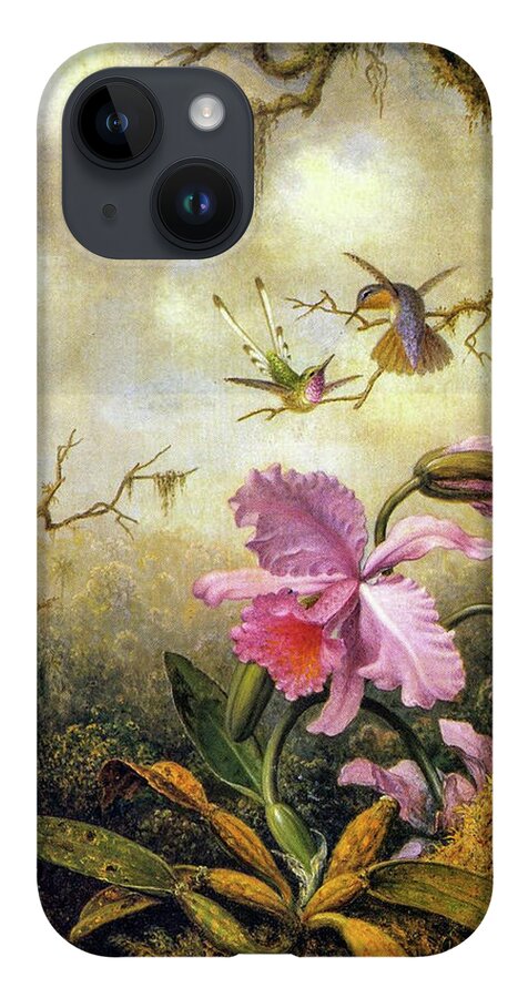 Martin Johnson Heade iPhone 14 Case featuring the painting Hummingbirds and Orchids #3 by Martin Johnson Heade