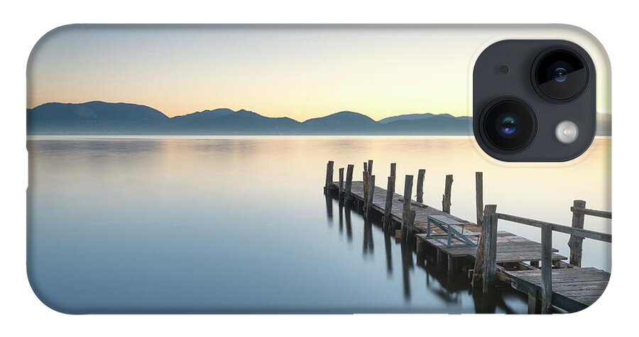 Lake iPhone 14 Case featuring the photograph Wooden pier or jetty and lake at sunrise. Torre del lago Puccini #3 by Stefano Orazzini