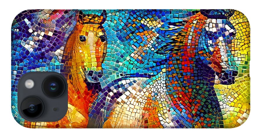 Horse Walking iPhone 14 Case featuring the digital art A couple of horses walking - colorful mosaic by Nicko Prints
