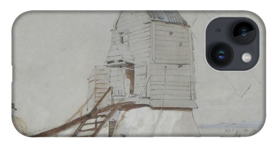 Poster iPhone 14 Case featuring the painting A Figure Beside A Windmill by MotionAge Designs