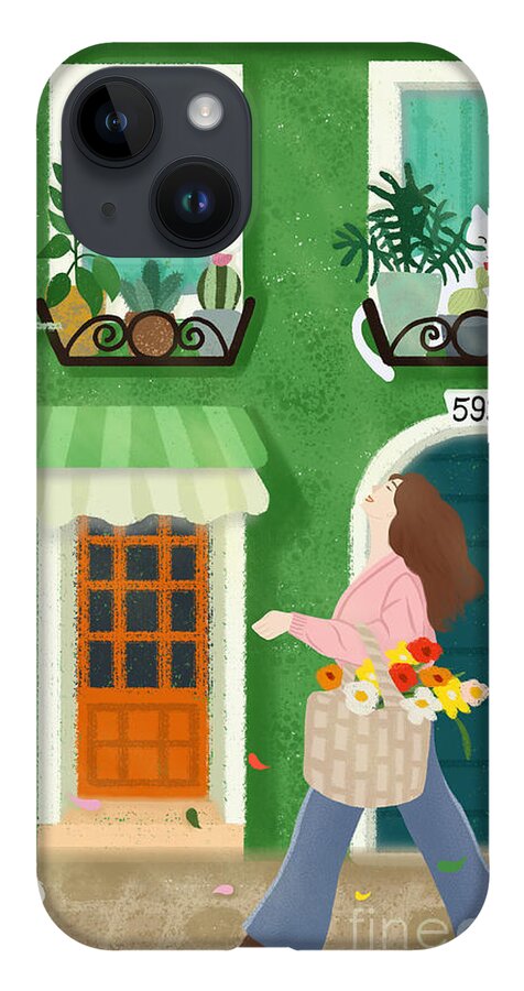 Houses iPhone Case featuring the drawing A girl with a basket of flowers by Min Fen Zhu