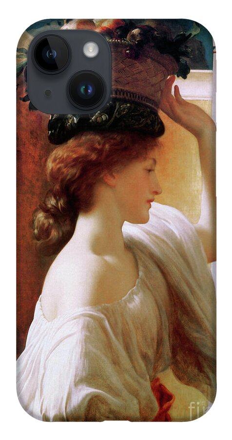 Girl With Basket Of Fruit iPhone 14 Case featuring the painting A Girl With A Basket Of Fruit by Lord Frederic Leighton by Rolando Burbon