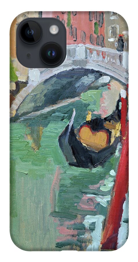 Gondola iPhone 14 Case featuring the painting A Gondolier and his Gondola, Venice, Italy by Paul Strahm