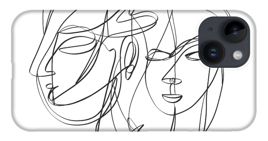 Sketch iPhone Case featuring the digital art A one-line abstract drawing depicting two faces in a symbiotic relationship by OLena Art