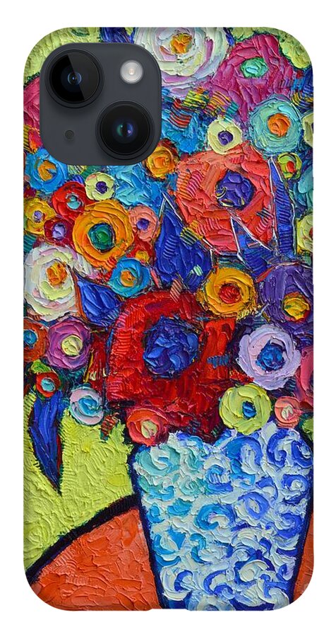 Abstract iPhone 14 Case featuring the painting ABSTRACT COLORFUL ROSES AND WILD FLOWERS textural impressionist impasto palette knife oil painting by Ana Maria Edulescu