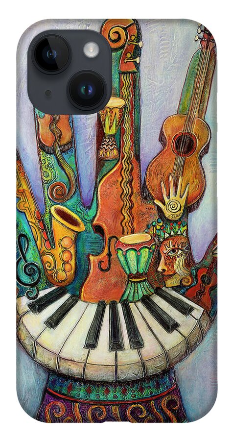 Music iPhone 14 Case featuring the painting Acoustical Hand by Mary DeLave