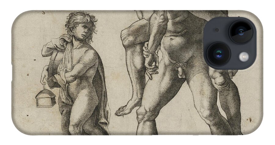 Giovanni Jacopo Caraglio iPhone Case featuring the drawing Aeneas rescuing Anchises, a young boy carrying a lantern at left by Giovanni Jacopo Caraglio