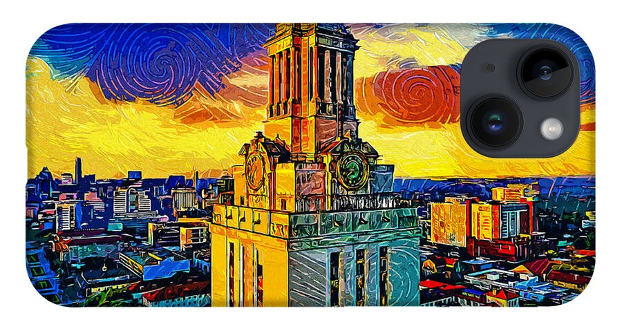Main Building iPhone Case featuring the digital art Aerial of the Main Building of the University of Texas at Austin - impressionist painting by Nicko Prints