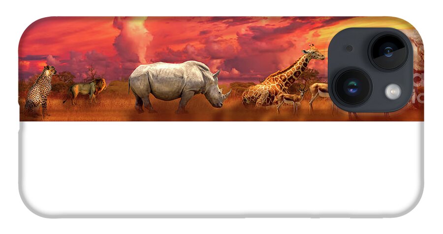 Tanzania iPhone 14 Case featuring the photograph African animals sunset panorama by Benny Marty