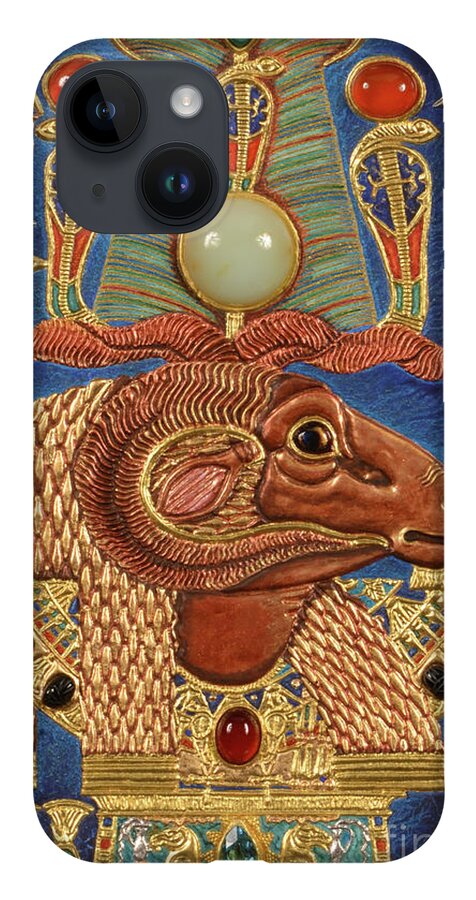 Ancient iPhone 14 Case featuring the mixed media Akem-Shield of Khnum-Ptah-Tatenen and the Egg of Creation by Ptahmassu Nofra-Uaa