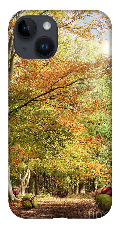 Autumn; Landscape; Fall; Conkers; Forest; Woodland; Leaves; Trees; Beach Tree; Sun; Beautiful; Branches; Scenic; Dense; Norfolk; Season; Dawn; Seasonal; Woods; Outside; Morning; Outdoors; Enchanted; Sunlight; Foliage; Fresh; Golden; Leaf; Light; Rural; Magical; Nature; Nobody; November; Orange; Park; Parkland; Peaceful; Red; Relaxing; Stunning; Sunshine; Trunk; Wild; Composite; Fun; Digital Art; Art; Snettisham; England; Artwork; Surreal iPhone 14 Case featuring the photograph Amazing dawn autumn woodland with massive conkers by Simon Bratt