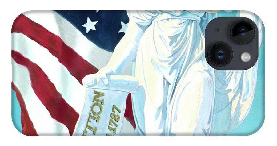 Tom Lydon iPhone Case featuring the painting America - Genius of America - Justice Holding Scale And Scrolls by Tom Lydon