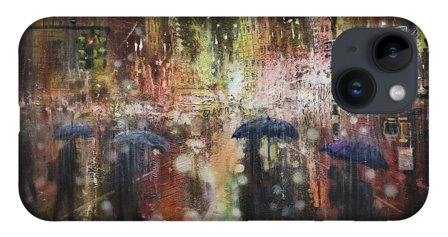 City At Night iPhone 14 Case featuring the painting Another Stormy Night by Tom Shropshire