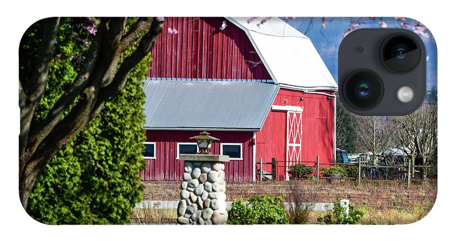 Apple Tree Pink And Barn Red iPhone 14 Case featuring the photograph Apple Tree Pink and Barn Red by Tom Cochran