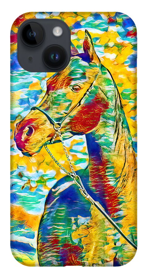 Arabian Horse iPhone Case featuring the digital art Arabian horse colorful portrait in blue, cyan, green, yellow and red by Nicko Prints