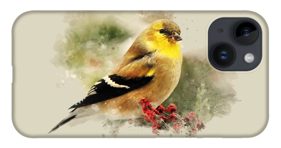 Goldfinch iPhone 14 Case featuring the mixed media Goldfinch Watercolor Art by Christina Rollo