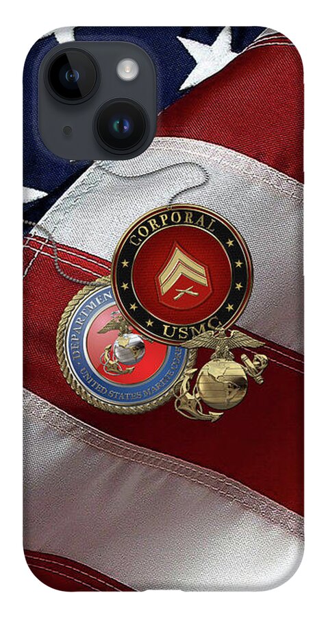 Military Insignia & Heraldry Collection By Serge Averbukh iPhone 14 Case featuring the digital art U.S. Marine Corporal Rank Insignia with Seal and EGA over American Flag by Serge Averbukh