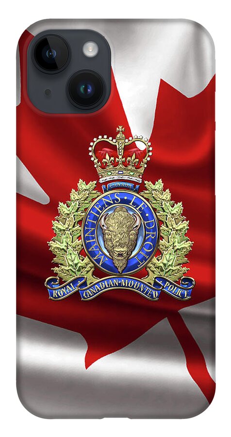 'insignia & Heraldry' Collection By Serge Averbukh iPhone 14 Case featuring the digital art Royal Canadian Mounted Police - R C M P Badge over Canadian Flag by Serge Averbukh