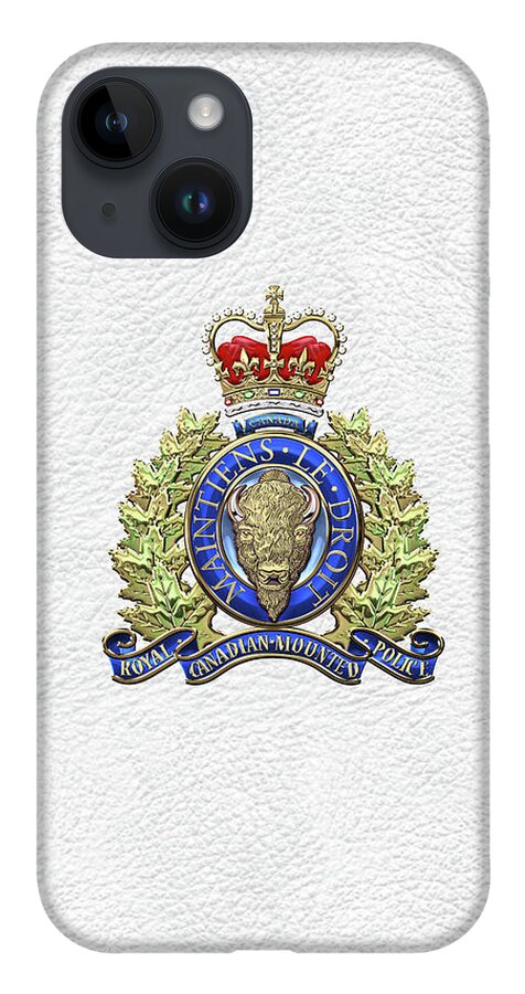 'insignia & Heraldry' Collection By Serge Averbukh iPhone 14 Case featuring the digital art Royal Canadian Mounted Police - R C M P Badge over White Leather by Serge Averbukh