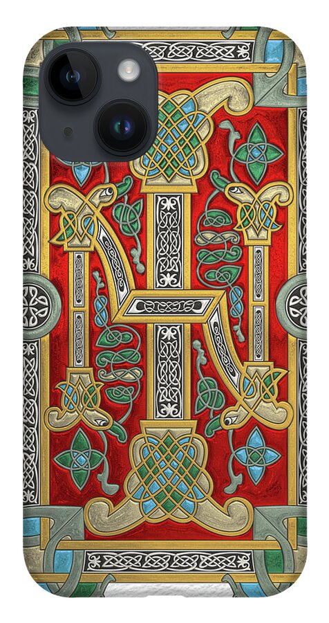 ‘celtic Treasures’ Collection By Serge Averbukh iPhone Case featuring the digital art Ancient Celtic Runes of Hospitality and Potential - Illuminated Plate over White Leather by Serge Averbukh
