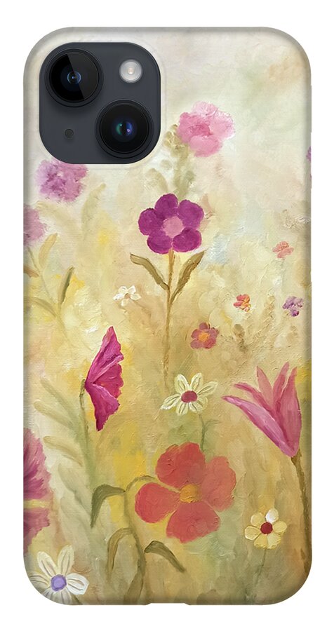 Wild Flowers iPhone 14 Case featuring the painting Flowers In The Mist by Angeles M Pomata