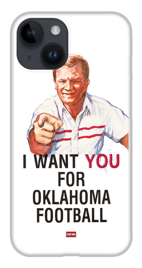 1986 iPhone 14 Case featuring the mixed media I Want You for Oklahoma Football Barry Switzer Poster by Row One Brand