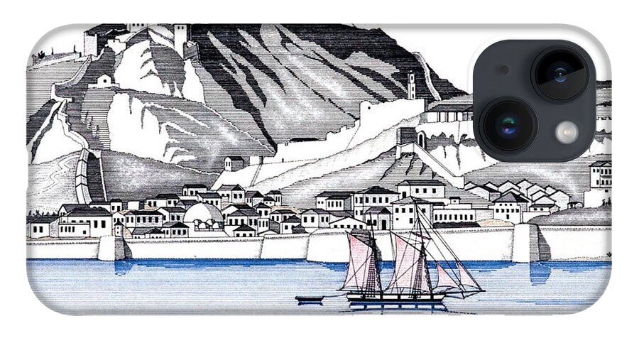 Historic Vessels iPhone Case featuring the drawing The seaport town of Nafplio in 1834 by Panagiotis Mastrantonis