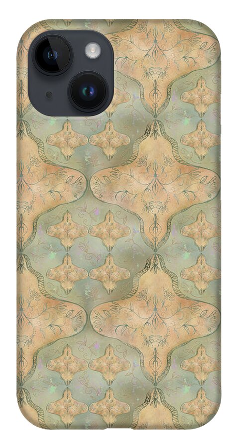 Seamless Repeat iPhone 14 Case featuring the digital art India 3 Green and Gold by Sand And Chi