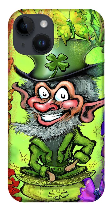 Leprechaun iPhone 14 Case featuring the digital art Leprechaun with Rainbow of Pixies by Kevin Middleton