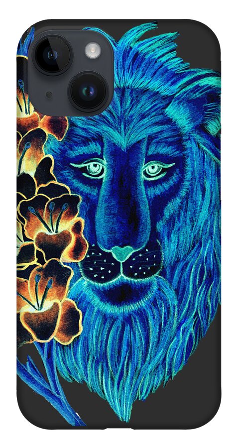 Leo iPhone 14 Case featuring the digital art Leo Gladiolus Blue and Black by Christina Wedberg