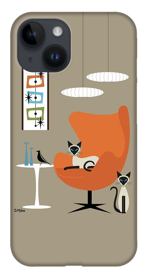 Mid Century Cat iPhone 14 Case featuring the digital art Two Siamese in Mid Century Orange Chair by Donna Mibus
