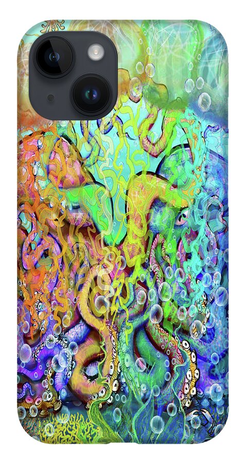 Octopi iPhone 14 Case featuring the digital art Twisted Rainbow of Tentacles by Kevin Middleton
