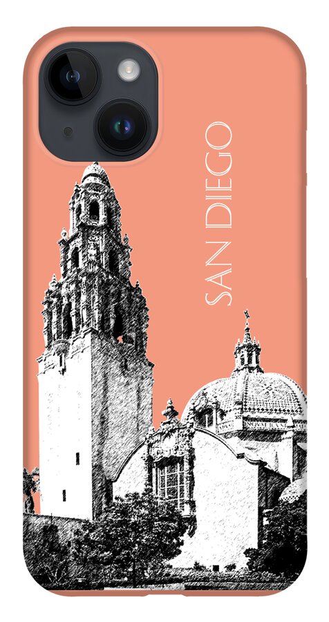 Architecture iPhone 14 Case featuring the digital art San Diego Skyline Balboa Park - Salmon by DB Artist