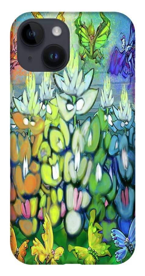 Rainbow iPhone 14 Case featuring the digital art Rainbow Bluebonnets Scene w Pixies by Kevin Middleton