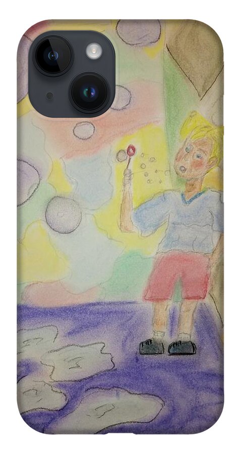 Child iPhone 14 Case featuring the pastel Ashley Blowing Bubbles by Suzanne Berthier