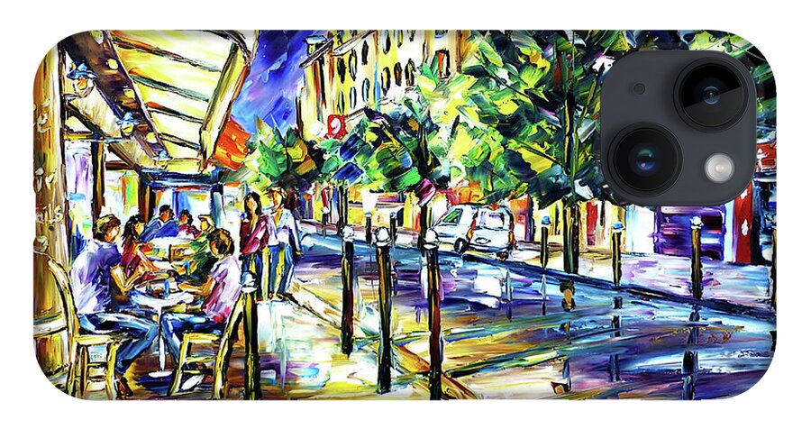 Cafe Le Nazir Paris iPhone 14 Case featuring the painting At Night On Montmartre by Mirek Kuzniar