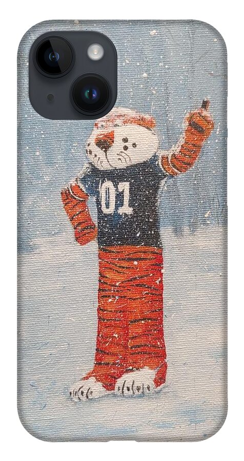 Auburn iPhone 14 Case featuring the painting Aubie in the Snow by ML McCormick