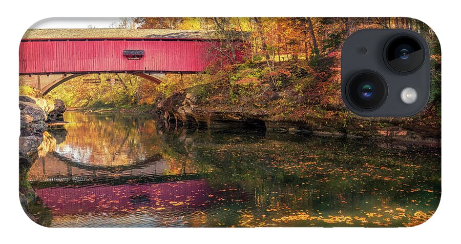 Parke County iPhone 14 Case featuring the photograph Autumn at Narrows Covered Bridge by Susan Rissi Tregoning