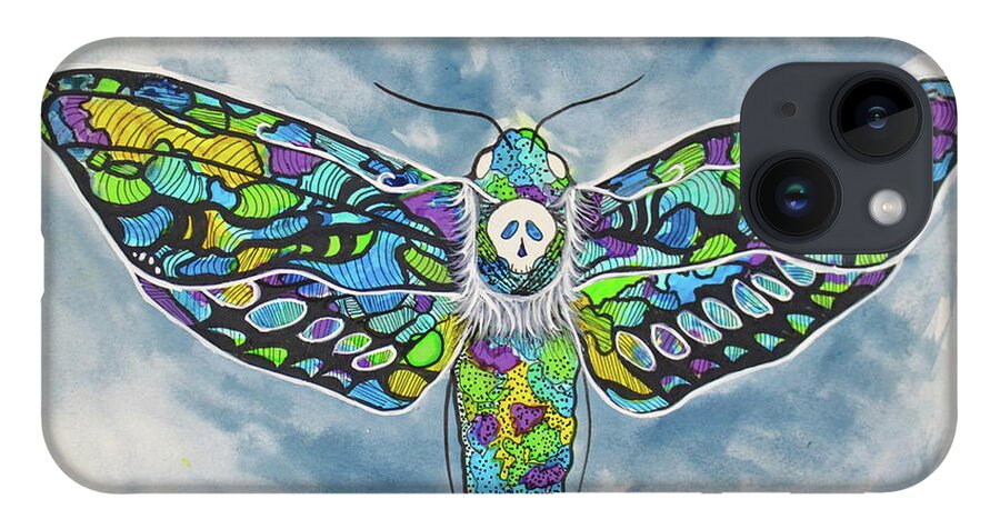 Death Moth iPhone Case featuring the painting Azure Elegance Suncatcher Death Moth by Kenneth Pope