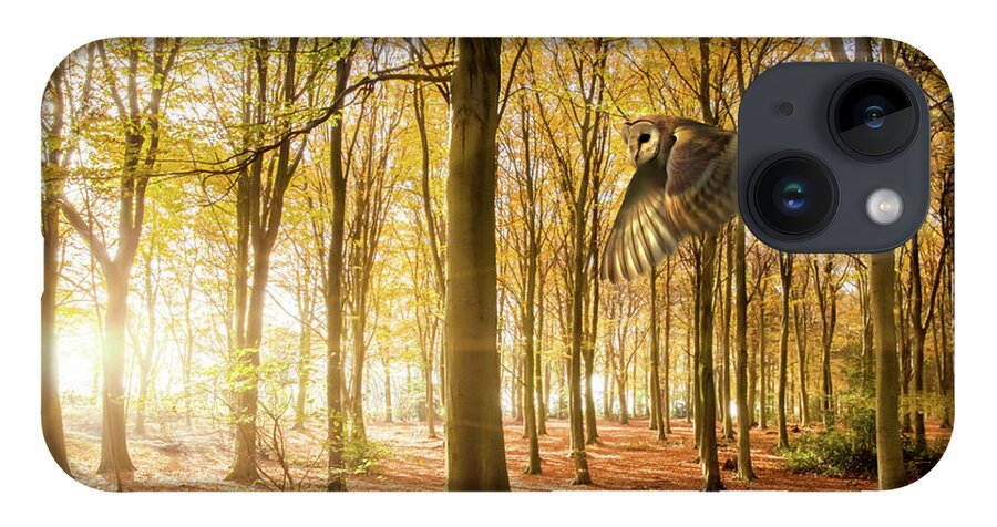 Autumn iPhone 14 Case featuring the photograph Barn owl flying in autumn woodland by Simon Bratt