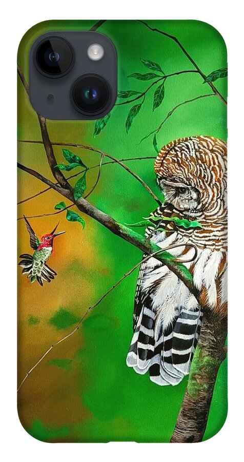 Birds iPhone 14 Case featuring the painting Barred Owl and Anna's hummingbird by Dana Newman
