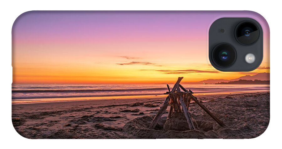 Sunset iPhone 14 Case featuring the photograph Beach Sunset Over Driftwood Sculpture by Lindsay Thomson